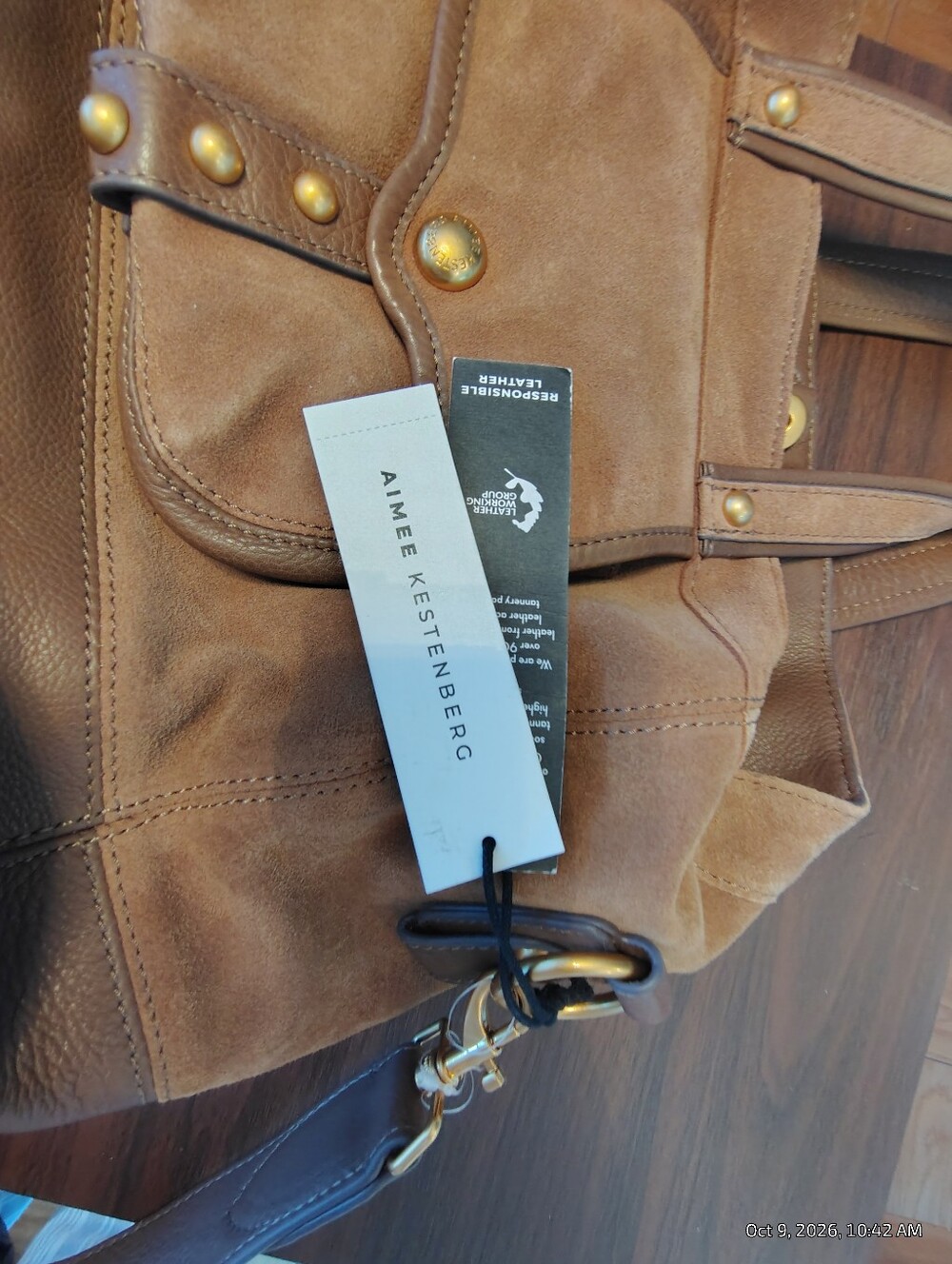 Aimee Kestenberg Tan Brown Suede Leather Shoulder Bag with Brass Accents - Picture 15 of 15